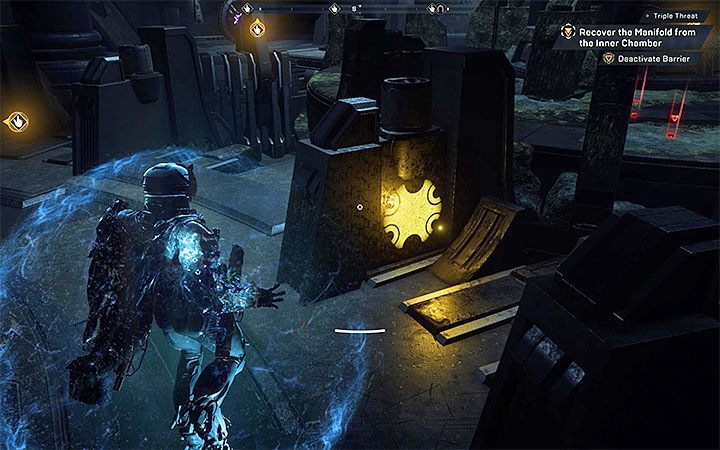 The first hint is a small symbol on the wall near the bridge leading to the gates - Triple Threat | Anthem story missions walkthrough - Story missions - Anthem Guide