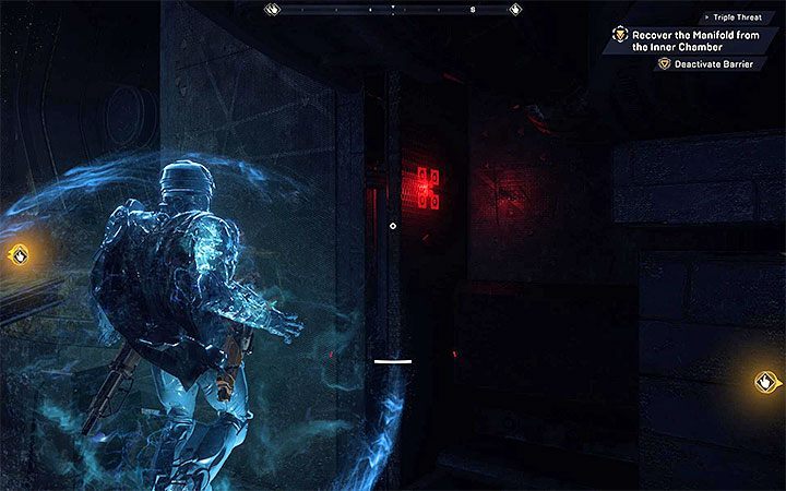 The second hint is the small symbol displayed on the high wall near the gates - Triple Threat | Anthem story missions walkthrough - Story missions - Anthem Guide