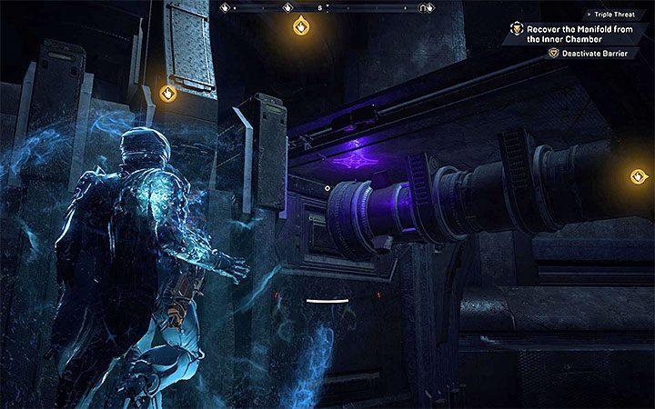 The third hint is the small symbol below the bridge leading to the gates - Triple Threat | Anthem story missions walkthrough - Story missions - Anthem Guide