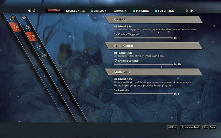 The list of available Feats and Challenges can be viewed in your journal, and were described in detail in other sections of this guide - Anthem Starting Tips - Basics - Anthem Guide