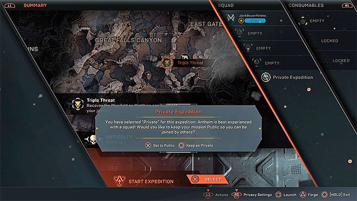 In order to play alone, during the preparation for the expedition, you have to go to the Squad tab and select a Private Expedition - Can you play Anthem solo in Anthem? - FAQ - Anthem Guide