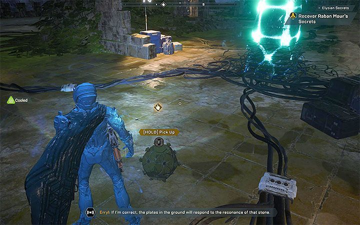 Stay inside the new circle and after the progress bar is filled, pick-up first stone sphere - Arcanists | Anthem Agent Missions Walkthrough - Agent Missions - Anthem Guide