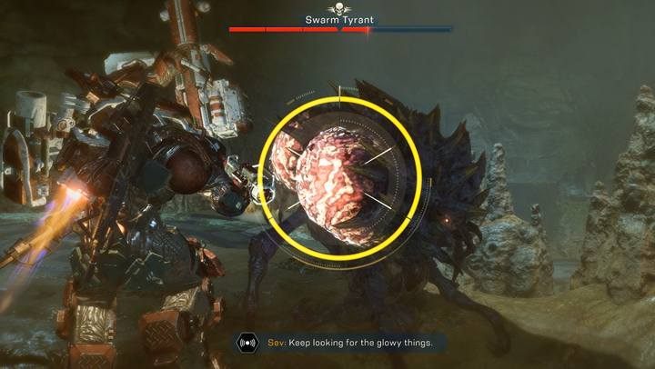 Bosss weak spots are the pink cysts on its body, two on each side. - Tyrant Mines | Strongholds in Anthem - Strongholds - Anthem Guide