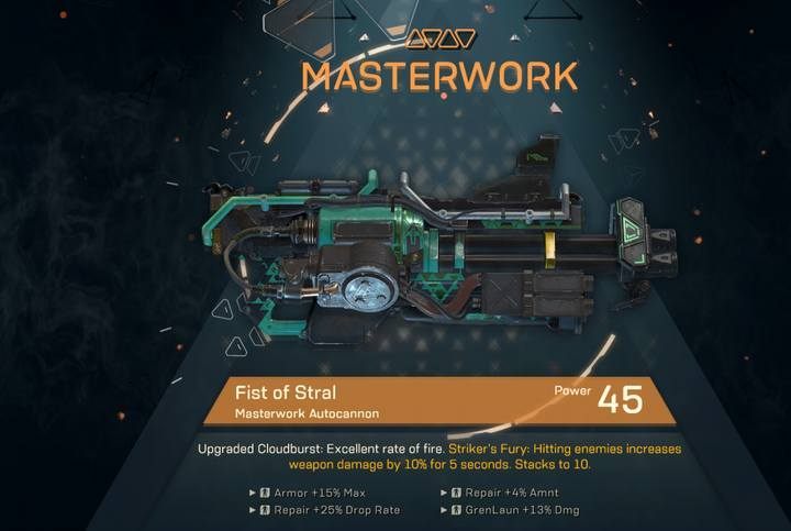 There are four bonuses offered by Masterwork weapons. If you find one of these, you will be notified about it during the presentation upon completing the expedition. - How to get Masterwork Equipment in Anthem? - Javelin Classes - Anthem Guide