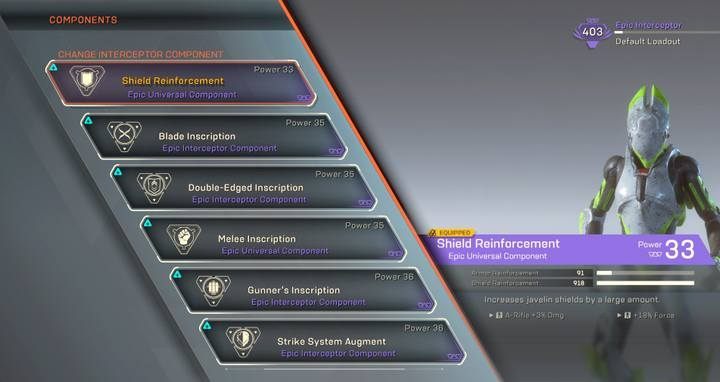 Components - choose components that can increase your Javelins durability and increase damage dealt with firearms and melee weapons - Interceptor class javelin in Anthem - Javelin Classes - Anthem Guide