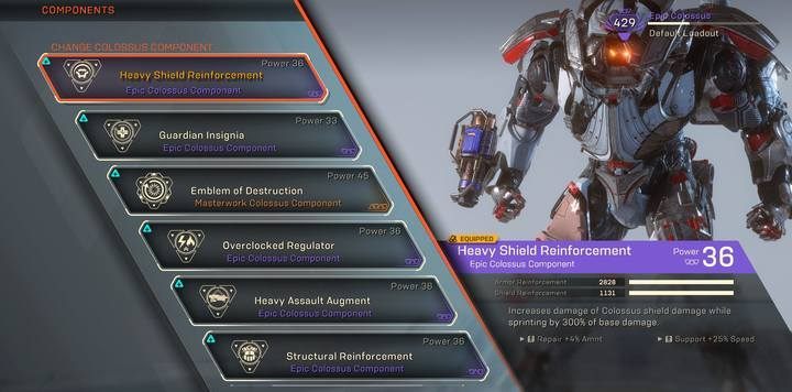 Components - practically the most important section of settings - Colossus class javelin in Anthem - Javelin Classes - Anthem Guide
