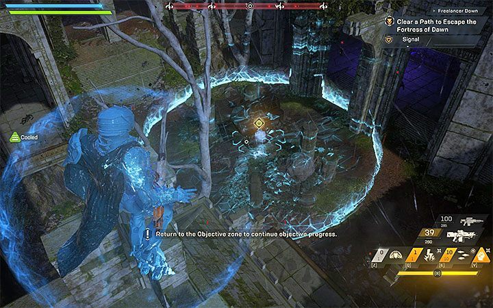 After winning the first battle, move towards the lower yard of the Fortress of Dawn - Freelancer Down | Anthem story missions walkthrough - Story missions - Anthem Guide