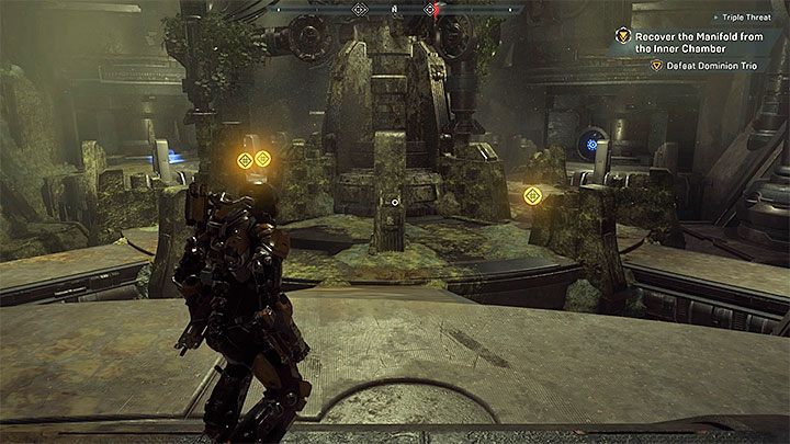 The barrier puzzle is shortly after you reach the Inner Chamber where you have to find Manifold - How to deactivate the barrier (Triple Threat mission) in Athem? - Puzzles solutions - Anthem Guide