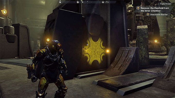 The first tip is a small symbol displayed on the wall near the bridge leading to the gates - How to deactivate the barrier (Triple Threat mission) in Athem? - Puzzles solutions - Anthem Guide