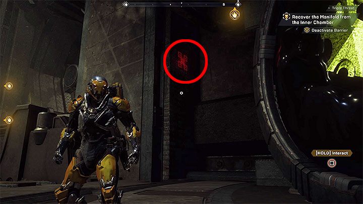 The second tip is a small symbol displayed on the high wall near the gates - How to deactivate the barrier (Triple Threat mission) in Athem? - Puzzles solutions - Anthem Guide