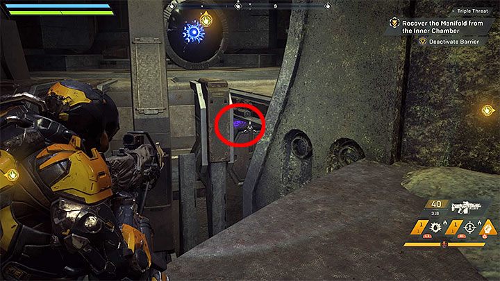 The third tip is a symbol displayed beneath the bridge leading to the gate - How to deactivate the barrier (Triple Threat mission) in Athem? - Puzzles solutions - Anthem Guide