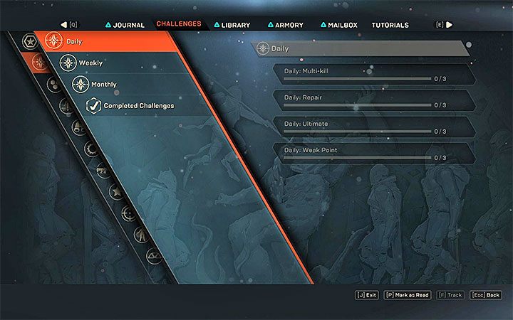 Check your journal to see the full list of timed challenges - Daily, weekly, and monthly challenges in Anthem - Basics - Anthem Guide