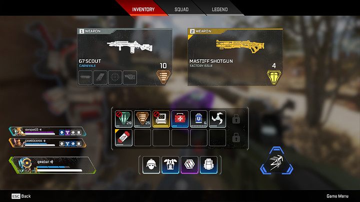 During the matches, youll find a lot of various armors, weaponry, gadgets, and medkits - Inventory in Apex Legends - Starting tips - Apex Legends Guide