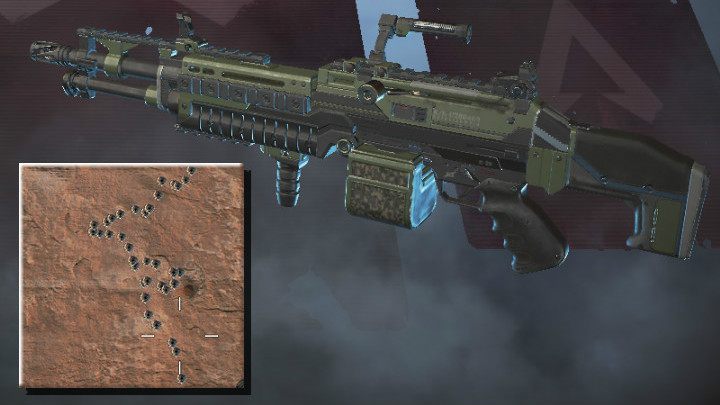 The screenshot above shows the spray pattern for M600 Spitfire (medium range) - Light machine guns in Apex Legends - Weapons - Apex Legends Guide