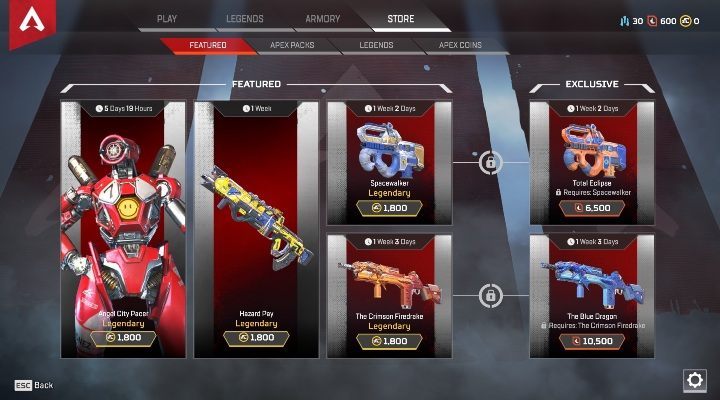 The Featured section of the in-game store sells characters and cosmetics - In-game currencies in Apex Legends - Currency and Apex packs - Apex Legends Guide