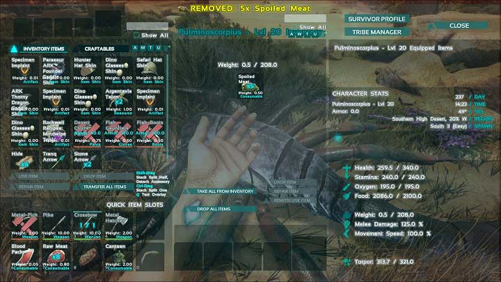 When you stun the enemy youve selected and approach it, a menu with the creatures inventory will appear, provided that you press the E button - ARK: Taming basics - Taming - ARK Survival Evolved Guide