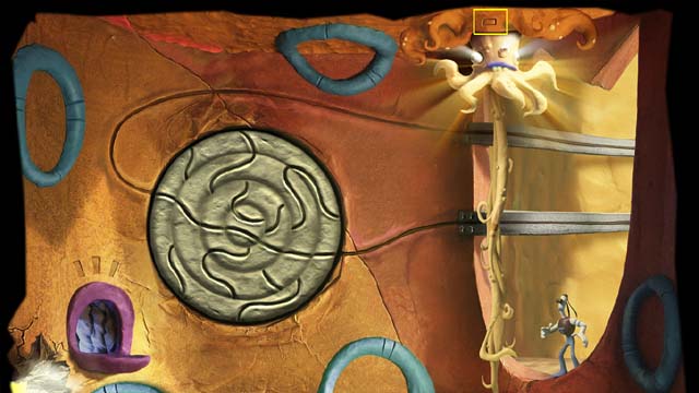 Climb up, jump to the niche on the right side and click octopus (remember the symbol above the octopus) - you will hear once again her story, but this time the octopus will be speaking in understandable language - Travels between towers - Fourth tower - Armikrog - Game Guide and Walkthrough