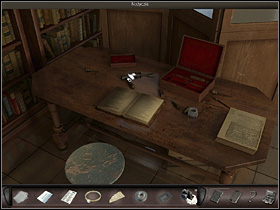 Back in the antique store Nicole takes a closer look at the small table on the right (close up) and picks up the scissors - Azarra, Spain, April 18, 2008 - Antique store - April 18, 2008 - Art of Murder: Hunt For The Puppeteer - Game Guide and Walkthrough