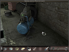 She moves to the right side of the workshop and takes a look at the compressor (close up) and picks up the tube - Azarra, Spain, April 18, 2008 - Workshop; fountain; antique shop - April 18, 2008 - Art of Murder: Hunt For The Puppeteer - Game Guide and Walkthrough