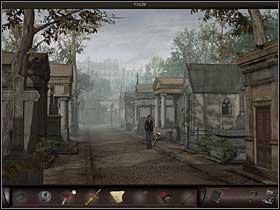 After reaching the intersection where she could turn left or right she heads left this time and approaches a tombstone thats apparently being renovated (on the right) and takes the rod leaning against the fence - Paris, France, April 23, 2008 - Montmartre Cemetery - part 1 - April 23, 2008 - Art of Murder: Hunt For The Puppeteer - Game Guide and Walkthrough