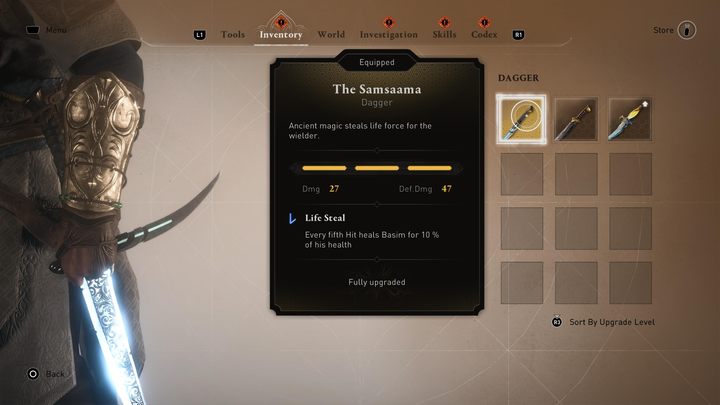 It's the dagger that you can obtain by exchanging 2 Mysterious shards in the underwater cave under the Northern Oasis - AC Mirage: Best Weapons - AC Mirage: Basics - AC Mirage Guide