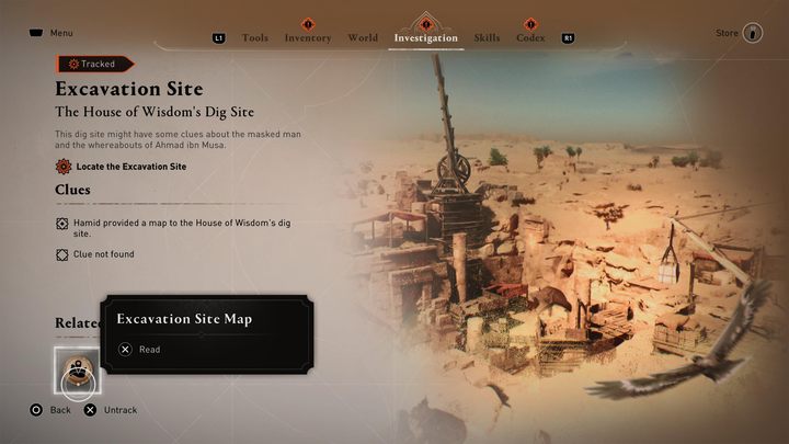 In the new menu, at the very bottom, at the Related Clues paragraph, you'll find a map icon - AC Mirage: How to find Excavation Site? - AC Mirage: FAQ - AC Mirage Guide