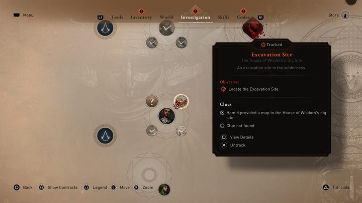 To view the clues received from Hamid in House of Wisdom, open the menu and then choose "Investigation" tab - AC Mirage: How to find Excavation Site? - AC Mirage: FAQ - AC Mirage Guide