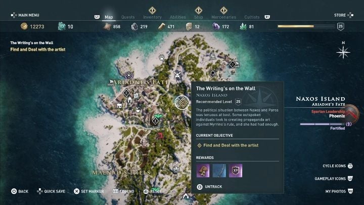 After investigating the neighborhood go to the cave where you have to talk to the artist Inside the cave, you have to fight a bear - AC Odyssey: Naxos, Side Quests - Side Quests - Assassins Creed Odyssey Guide