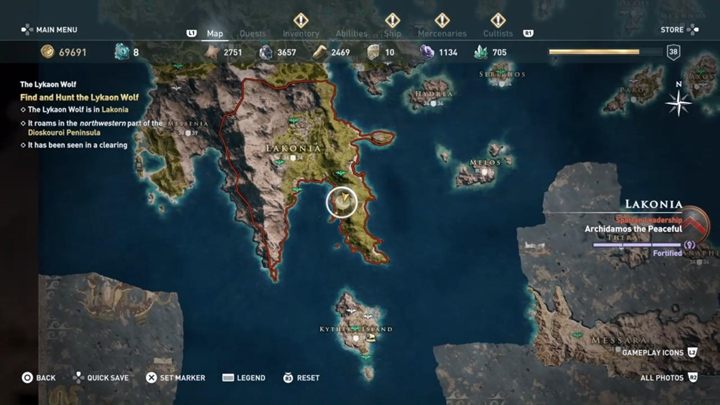 Location: Lakonia - The Lykaon Wolf (Lakonia) - Hunting for Seven Beasts in Assassins Creed Odyssey - Hunting for Seven Beasts - Assassins Creed Odyssey Guide