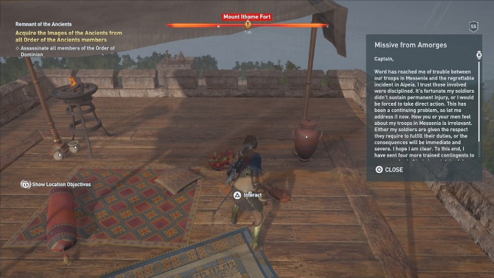 Go to Mount Ithome Fort to start this mission - find the note on top of the tower - AC Odyssey Legacy of the first blade: Side Quests - Episode 3 - Side Quests - Assassins Creed Odyssey Guide