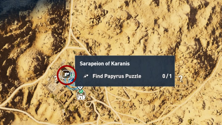 This papyrus can be found in Sarapeion of Karanis in the Faiyum province - Papyrus Puzzle in Faiyum - Papyruses - Assassins Creed Origins Guide