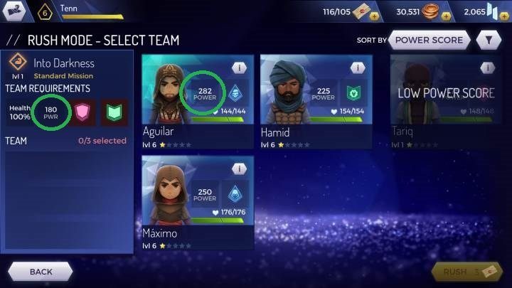 Another requirement is the strength of the hero - Rush Mode in Assassins Creed Rebellion - Missions - Assassins Creed Rebellion Guide