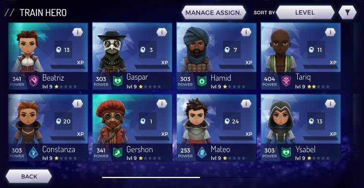 In order for the characters to be able to train, you must click on the icon visible on the left side of the screenshot, and then select the assassin you want to train - Hero stats in Assassins Creed Rebellion - Team - Assassins Creed Rebellion Guide