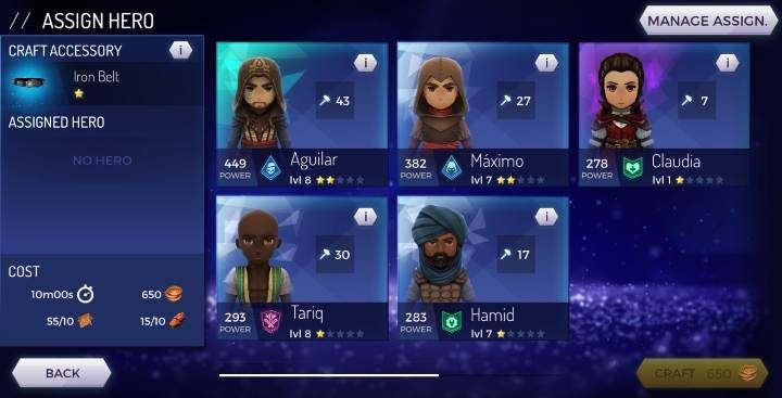 Select the item you want to craft and a character who will do this process - Accessories available in the Assassins Creed Rebellion game - Equipment - Assassins Creed Rebellion Guide
