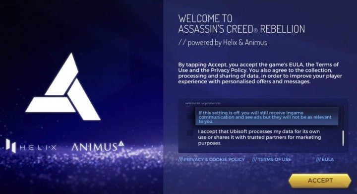 The game requires some information to be confirmed when starting for the first time - Assassins Creed Rebellion Guide