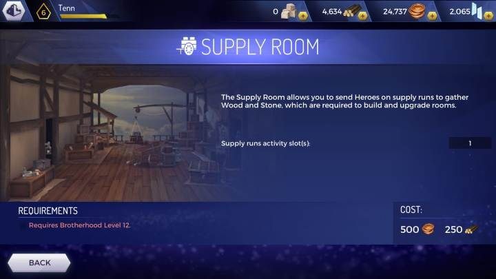After you reach level 12 you will unlock the Supply Room - Raw materials for the construction of the Headquarters in AC Rebellion - Headquarters - Assassins Creed Rebellion Guide