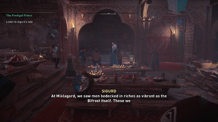 After a short cutscene, you will find yourself in the King's hut, and during the welcome feast, you will listen to one of Sigurd's stories - Assassins Creed Valhalla: The Prodigal Prince - Rygjafylke - Assassins Creed Valhalla Guide and Walkthrough