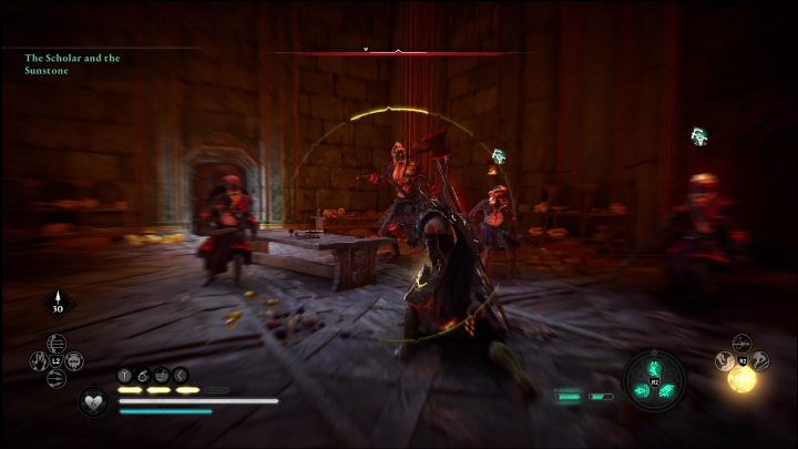 A cut-scene will be activated, which concludes as you find yourself in a room full of enemies - AC Valhalla Dawn of Ragnarok: The Scholar and the Sunstone - Walkthrough - Assassins Creed Valhalla Guide and Walkthrough