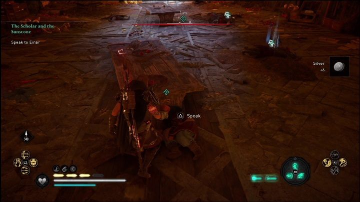 After eliminating all opponents, you must talk to the man hiding behind the table - AC Valhalla Dawn of Ragnarok: The Scholar and the Sunstone - Walkthrough - Assassins Creed Valhalla Guide and Walkthrough