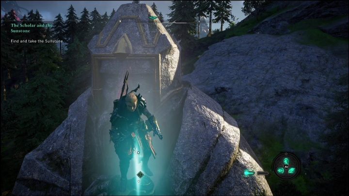 First, climb up on the statue to check out the item that the statue is holding in its hands - AC Valhalla Dawn of Ragnarok: The Scholar and the Sunstone - Walkthrough - Assassins Creed Valhalla Guide and Walkthrough