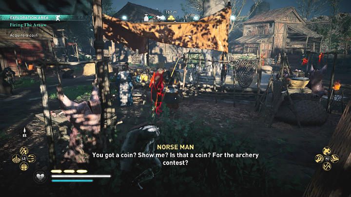 At the market, you will find people whispering about the tournament – they already have the coins - Assassins Creed Valhalla: Firing the Arrow - Lunden - Assassins Creed Valhalla Guide and Walkthrough