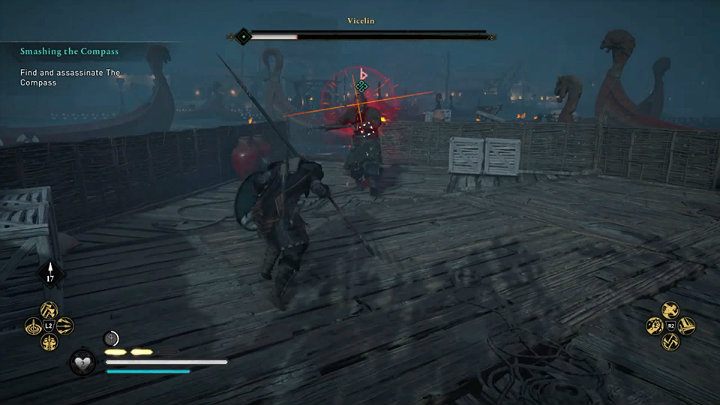 Watch out for the red flash, which announces a powerful attack that cannot be blocked so you will have to avoid it - Assassins Creed Valhalla: Smashing the Compass - Lunden - Assassins Creed Valhalla Guide and Walkthrough