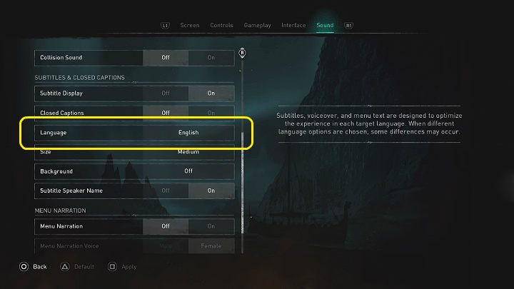 If you don't want to play in English, you can change the language in the options inside the game (interface and sound tabs) or reset the settings from the Ubisoft Connect application - Assassins Creed Valhalla: How to fix subtitles, sound and dialogues? - Appendix - Assassins Creed Valhalla Guide and Walkthrough
