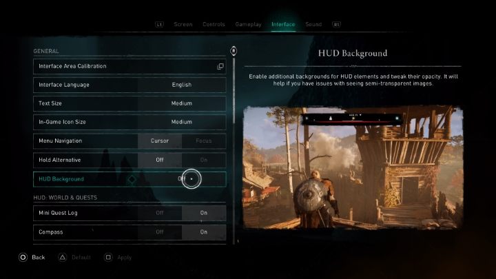 In the first section of the interface options, you can change the size of the text and icons, as well as enable alternative HUD mode - it adds a black background behind the compass, which makes it easier to read the icons on the compass - Assassins Creed Valhalla: Can you limit HUD? - Appendix - Assassins Creed Valhalla Guide and Walkthrough