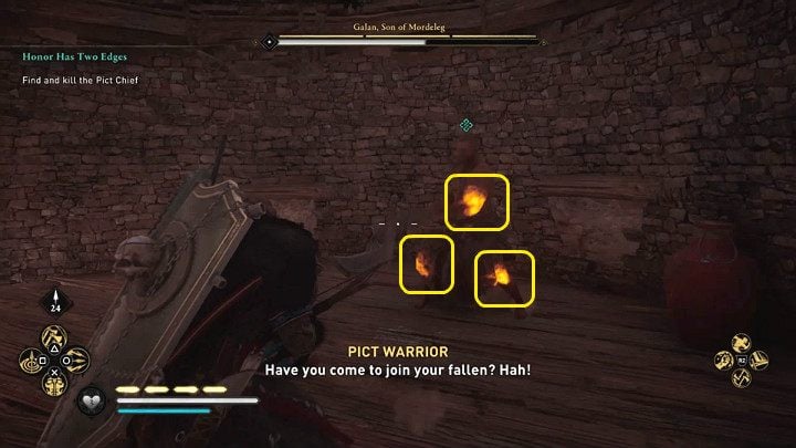 The opponent has three weak points: left biceps, right knee, and left knee - Assassins Creed Valhalla: Honor Has Two Edges - Eurvicscire - Assassins Creed Valhalla Guide and Walkthrough