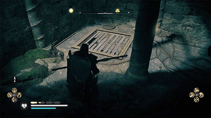 In the next room, use a bow to destroy the boards on the floor - Assassins Creed Valhalla: Glowecestrescire - Temple of Ceres Assassin Bureau - Hidden Ones Bureau - Assassins Creed Valhalla Guide and Walkthrough