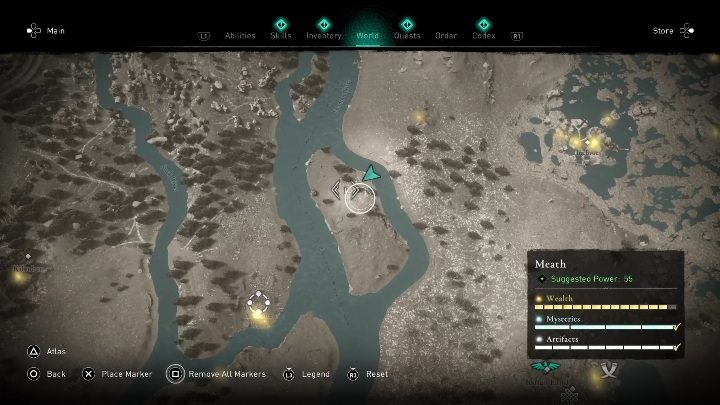 The treasure is on a small island in the eastern part of the region - AC Valhalla Wrath of the Druids: Treasure Hoard Map - Meath secrets, locations - Meath - Assassins Creed Valhalla Guide and Walkthrough
