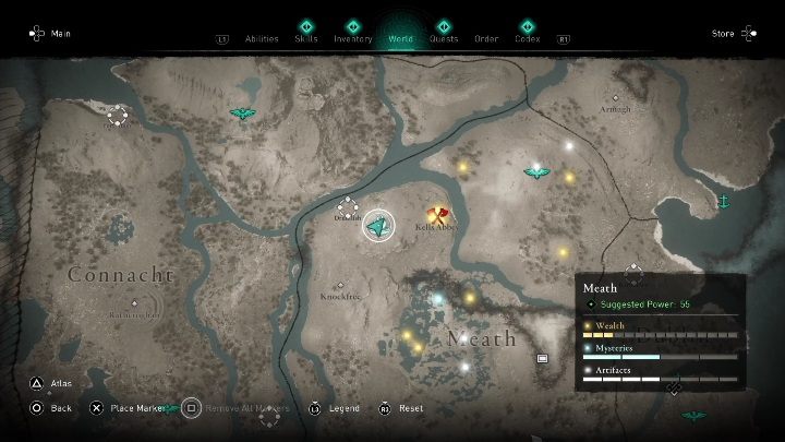 You will find this Trail of the Morrigan by walking west from the Kells Abbey camp - AC Valhalla Wrath of the Druids: Trails of the Morrigan - Meath secrets - Meath - Assassins Creed Valhalla Guide and Walkthrough