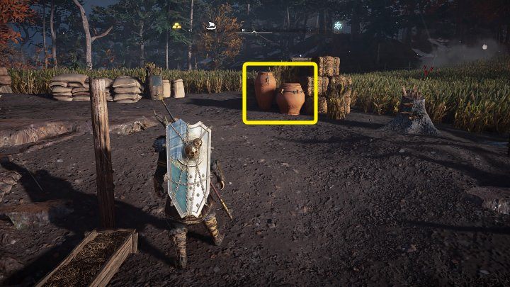 Behind the large red jugs, you will find a smaller jug of oil - Assassins Creed Valhalla: An Efficient Cremation - Snotinghamscire - Assassins Creed Valhalla Guide and Walkthrough