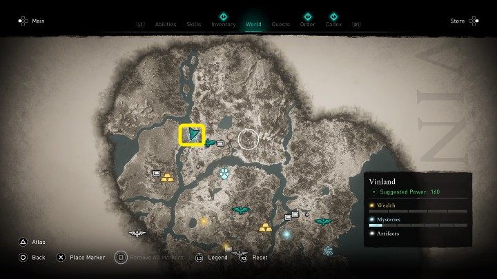 In the place marked on the image above, you will meet a woman who is standing on top of a cliff and despairing over the loss of her pet - Assassins Creed Valhalla: Flight of Fancy - Vinland - Assassins Creed Valhalla Guide and Walkthrough